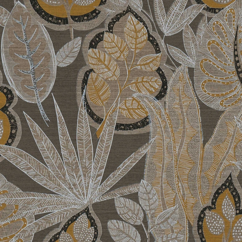 Vliestapete im Grafik-Design Gelb Grau - Florale Tapete mit Blättern 