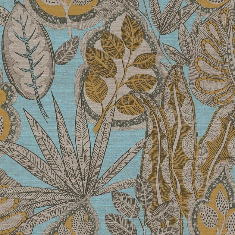 Vliestapete im floralem Design Blau Gelb - Grafik-Tapete mit Blättern 