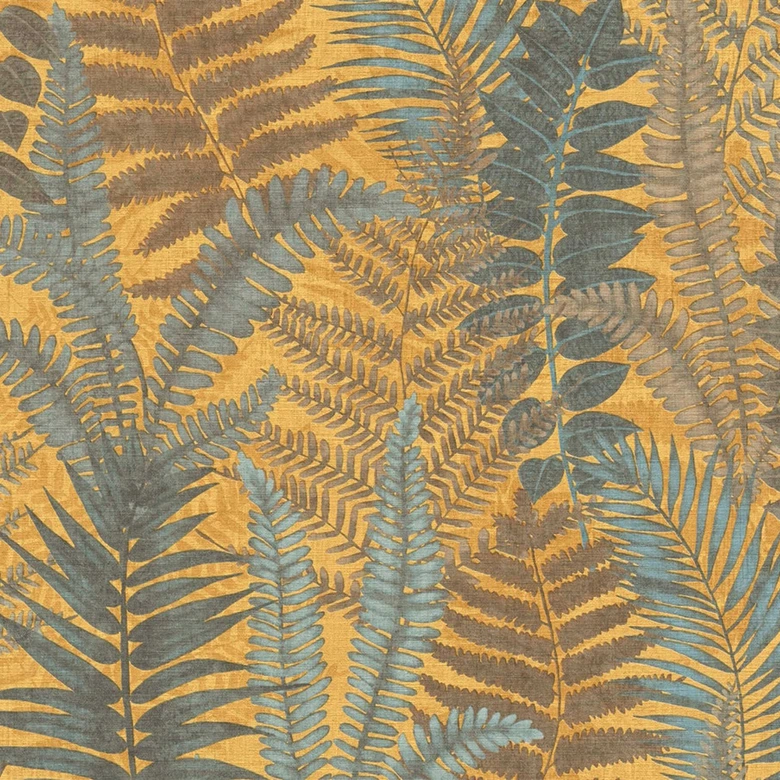 patroon behang met varenblaadjes kleurrijk - bloemen behang geel blauw bruin  