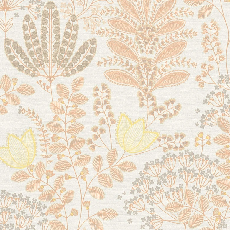 Papier peint intissé à feuilles rétro blanc orange - papier peint floral fleurs 
