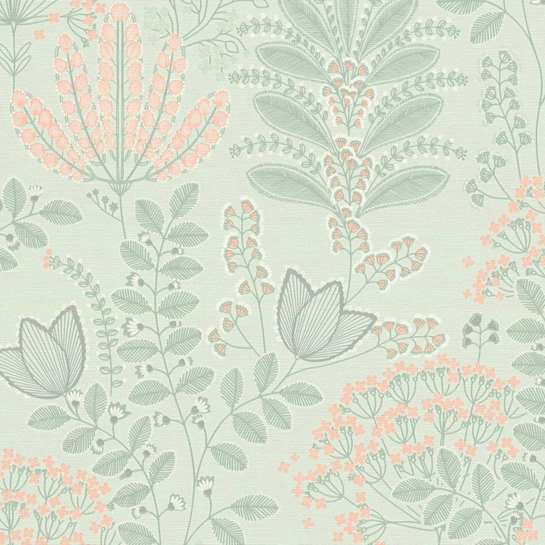 Papier peint intissé avec feuilles style rétro Gris Vert - papier peint floral Fleurs 