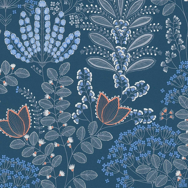 Papier peint à fleurs style rétro Bleu Blanc - papier peint intissé floral avec feuilles 
