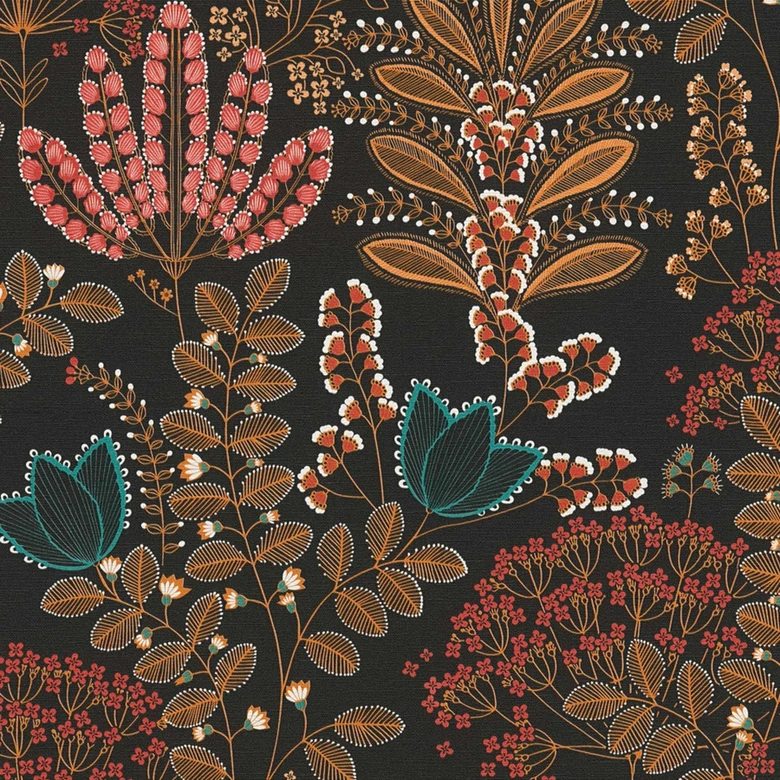 Papier peint intissé avec feuilles style rétro Noir Multicolore - papier peint floral fleurs 