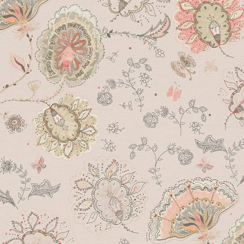 Pflanzentapete Beige Rosa - Florale Tapete Klassisch - Naturtapete 