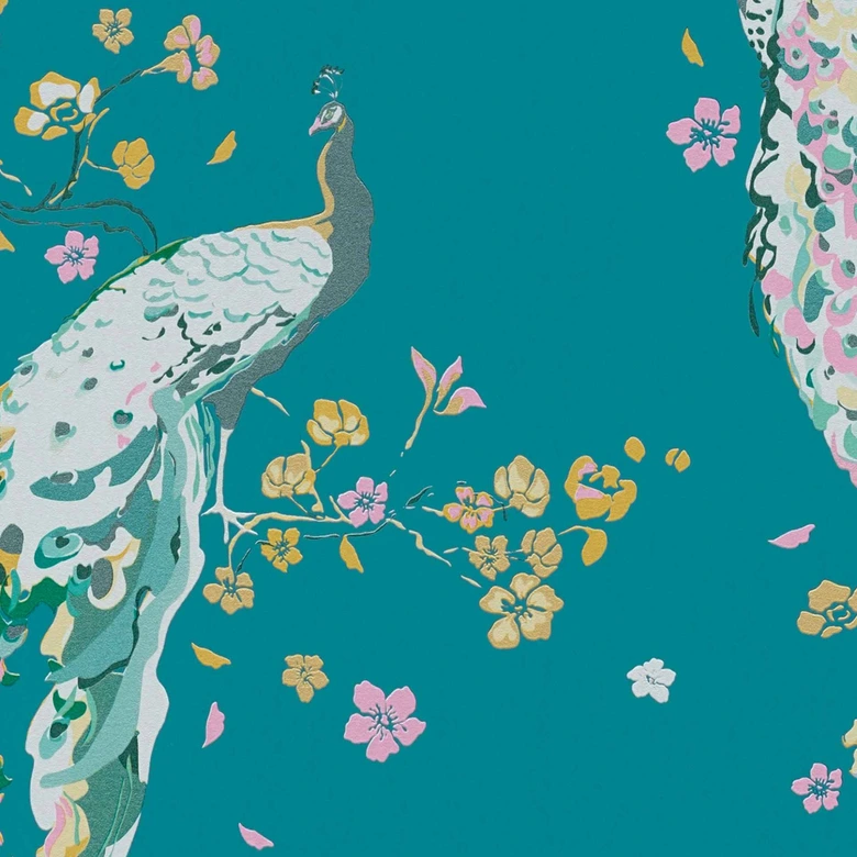 Blumentapete mit Vögeln - Tapete Pfau Türkis Gelb - Florale Tapete Designer 