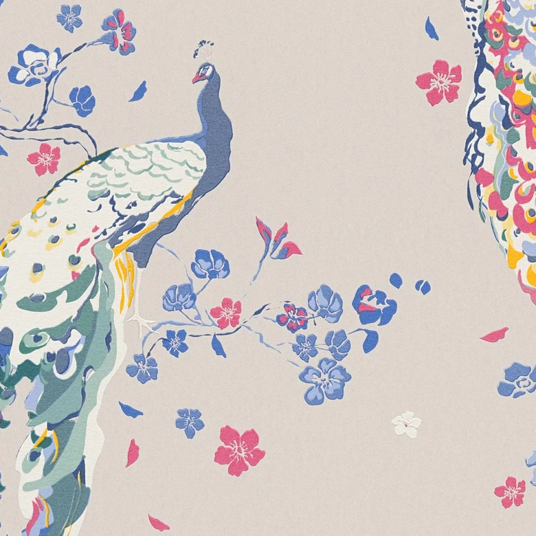 blomstertapet gråblå - blomstertapet med fugle - non-woven tapet påfugl 