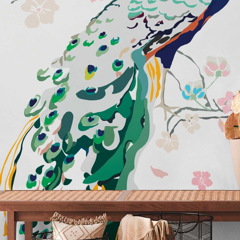 Tiertapete Bunt - Vliestapete Pfau Natur - Vogeltapete Blumen Floral Weiß 