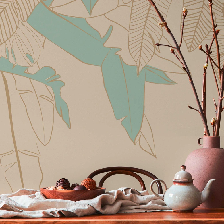 Tapete Palmenblätter Beige Grün - Florale Tapete Natur - Vliestapete Palmen 