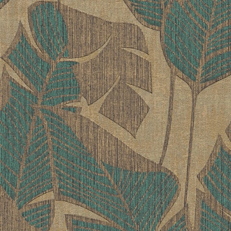 Blätter-Mustertapete leicht glänzend Beige Blau - Florale Tapete Pflanzen 