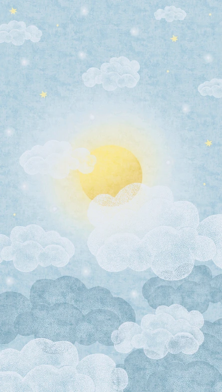 Fototapete Wolkenhimmel Hellblau Gelb - Kinderzimmer Tapete mit Sonne  