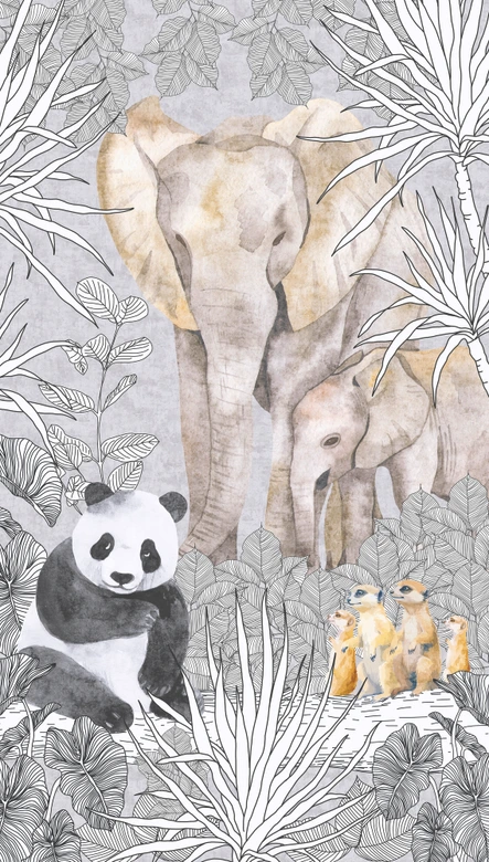 Tierwelt-Fototapete Grau Bunt - Dschungeltiere Panda Elefant Erdmännchen - Vliestapete 