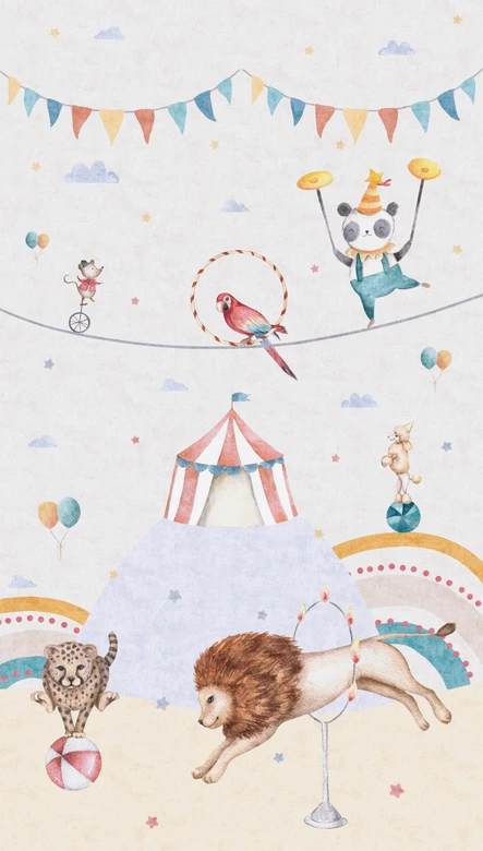 Circus wallpaper mural for children's room colorful - animals and circus tent - non-woven wallpaper 159x280cm 