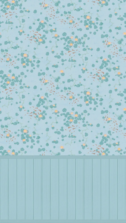Fototapete Seerosen Blau Grün - Wasserpflanzen mit Holzpaneel - erweiterbare Vliestapete 