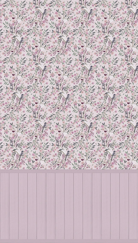 Wall Mural Birds & Branches Pink - floral sample with wooden panel - extendable non-woven wallpaper 