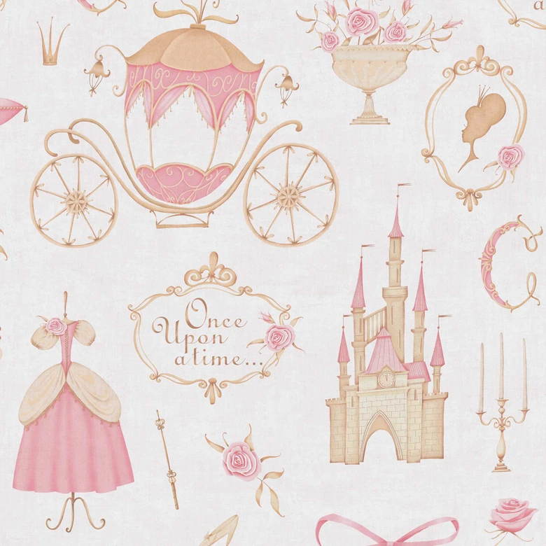 Prinses behang roze beige - kinderbehang met kasteel & koets  