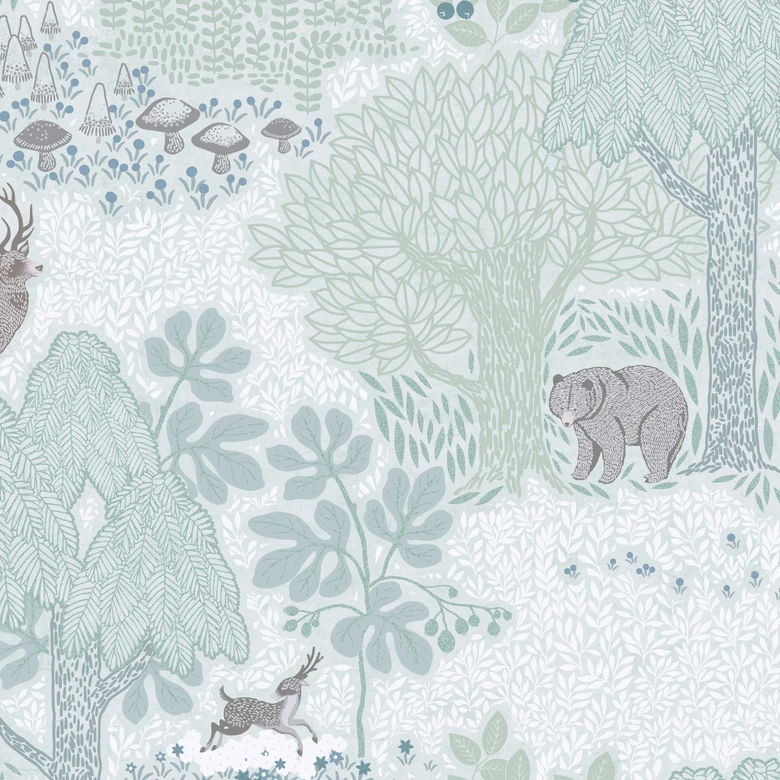 Skogstapet med djur gröngrå - barntapet med björn & hjort  