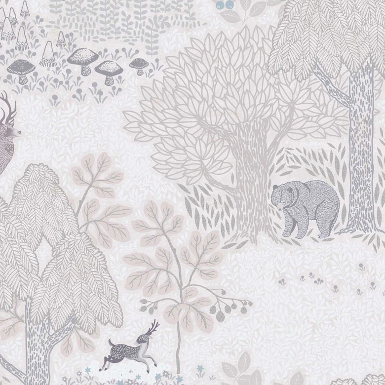 Wald-Tapete mit Tieren Beige Grau - Kindertapete mit Bär & Hirsch 