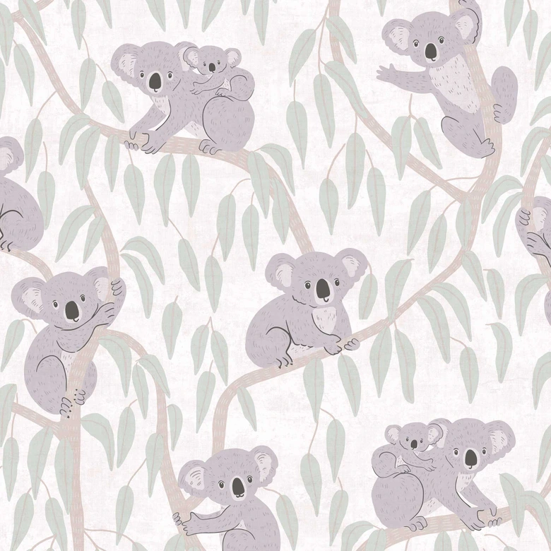 Koala-Tapete Beige Grün - Kindertapete mit Koalas auf Bäumen 