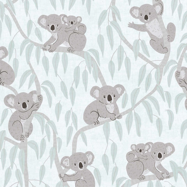 Koala-Tapete Hellblau Grau - Kindertapete mit Koalas und Ästen 