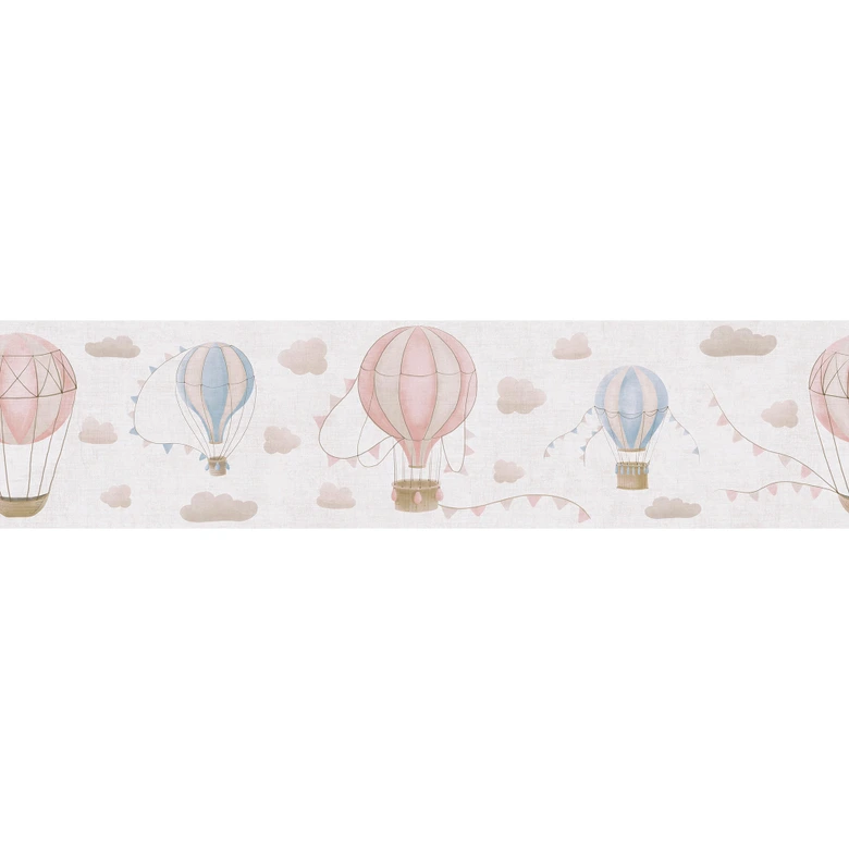 Hot air balloon border Pink Blue Beige - Children's room border with pennants 