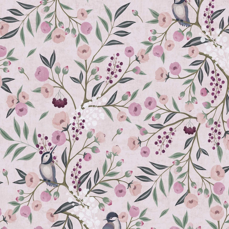 Papel pintado de muestra floral rosa violeta - pájaros y flores 