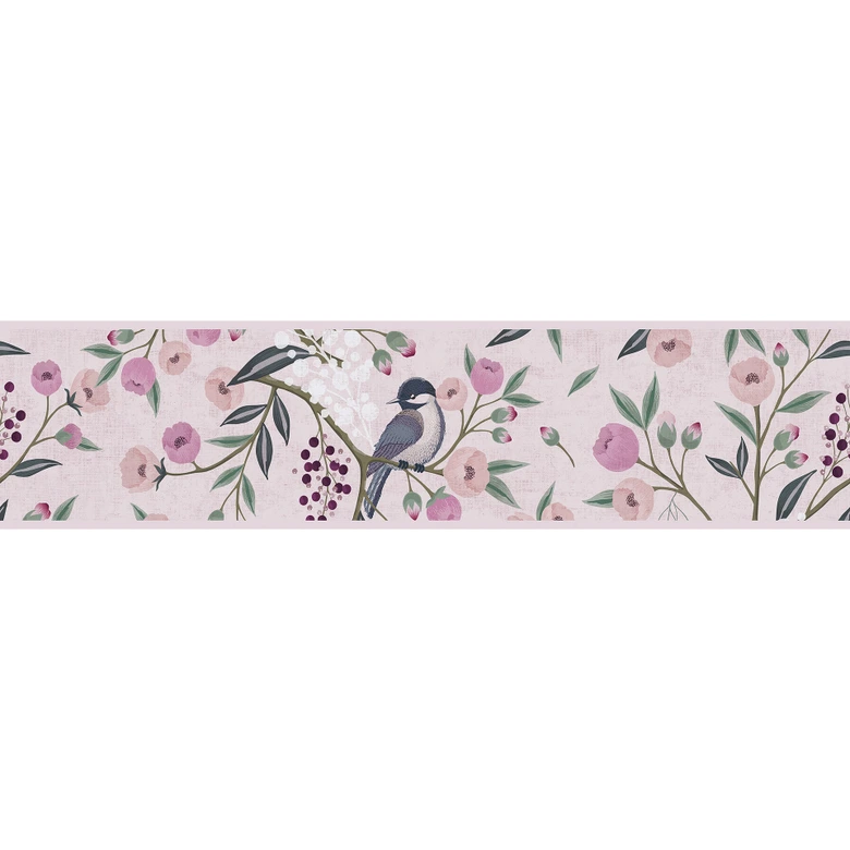 Tapetbård rosa violett med fågel - blomranka & naturmotiv 