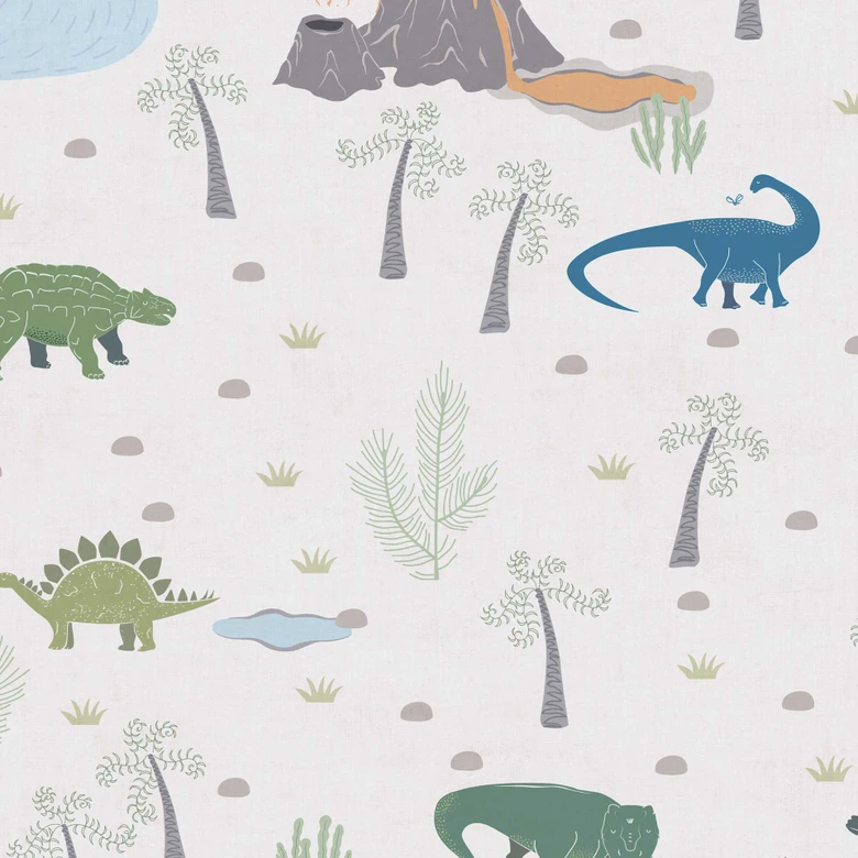 Dinosaurier-Tapete Bunt auf Beige - Vliestapete mit Vulkan und Urzeit-Motiv 