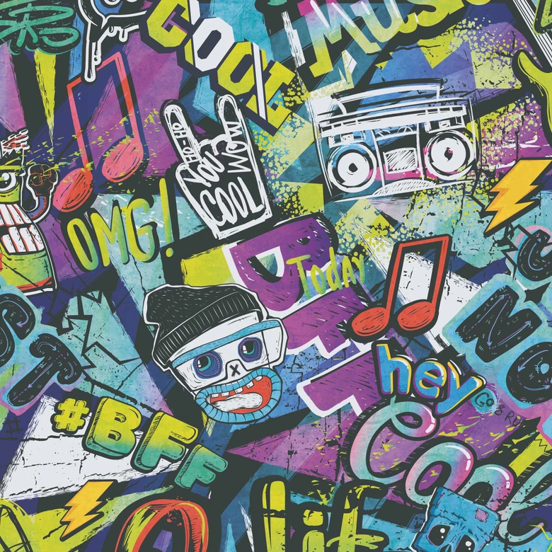 Graffiti-Tapete bunt Comic-Stil - Mustertapete Streetart Look 