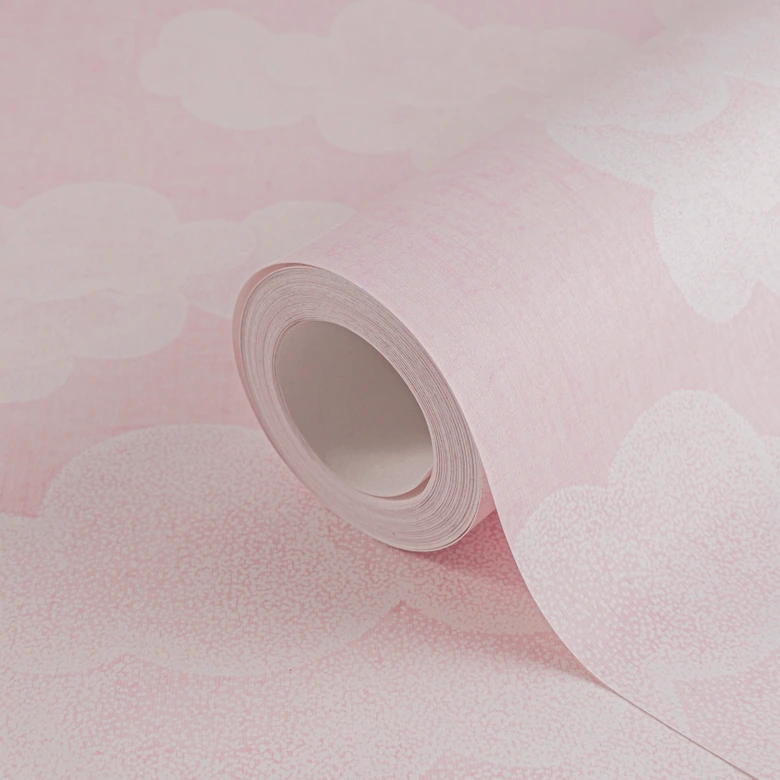Wolken behang roze wit - kinderkamer behang met hemel motief 