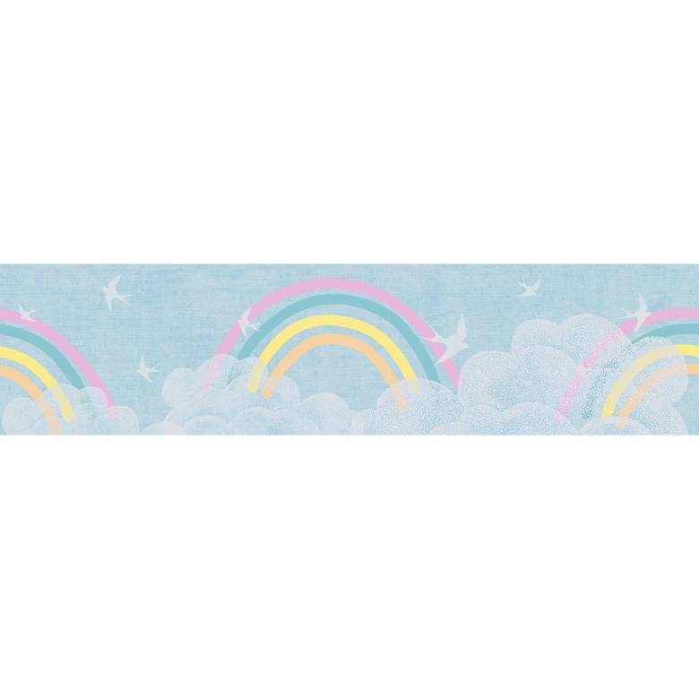Borte mit Regenbogen und Wolken Blau Bunt - Kinderzimmer Bordüre mit Vögeln 