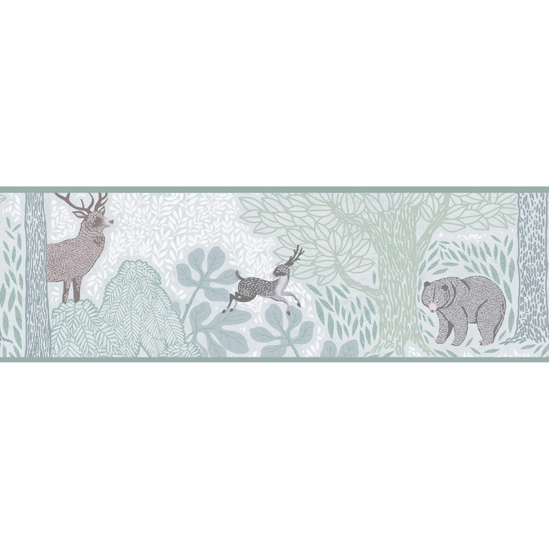Borte Waldtiere in Grün Grau - Tiermotiv-Bordüre mit Bär & Hirsch  