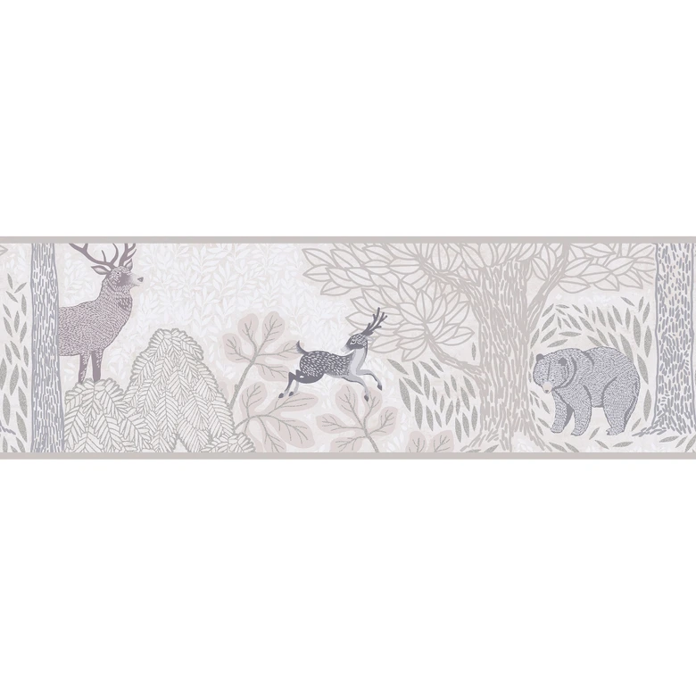 Border bosdieren in beige roze - dierenmotief rand met beer & hert  