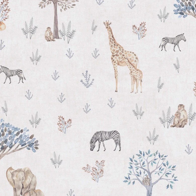 Safari-Tapete Tiere Beige Bunt - Vliestapete mit Giraffe, Zebra & Elefant 