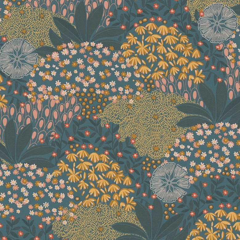 papier peint feuilles pétrole - papier peint fleuri vintage jaune bleu - papier peint intissé fleuri 