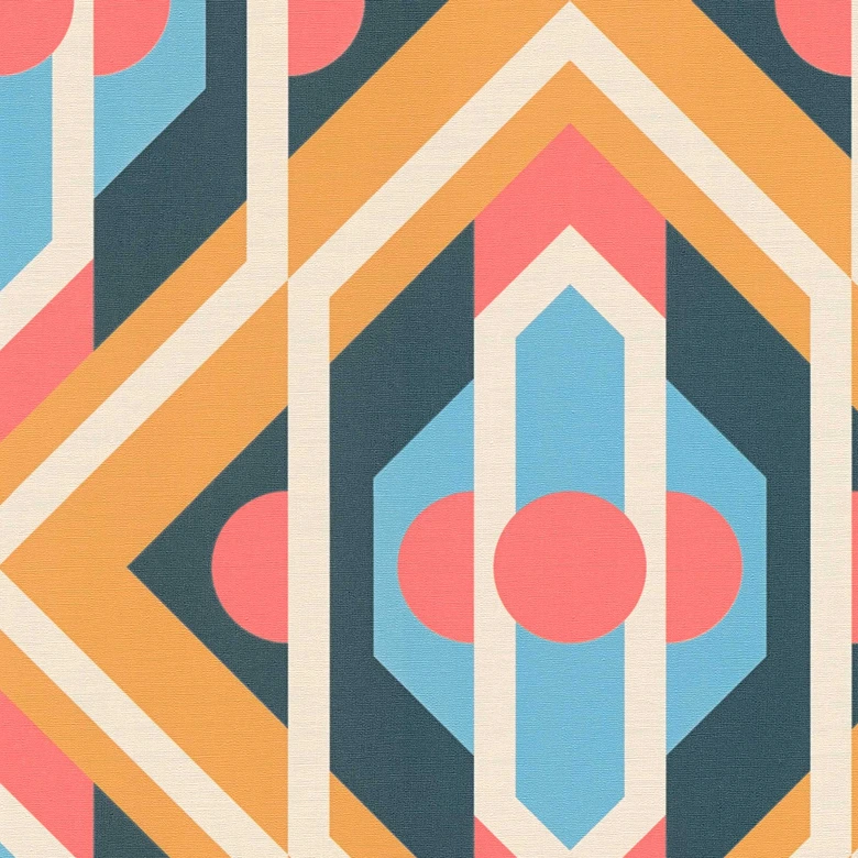 Non-woven wallpaper blue yellow orange pink - abstract pattern wallpaper - vintage wallpaper 