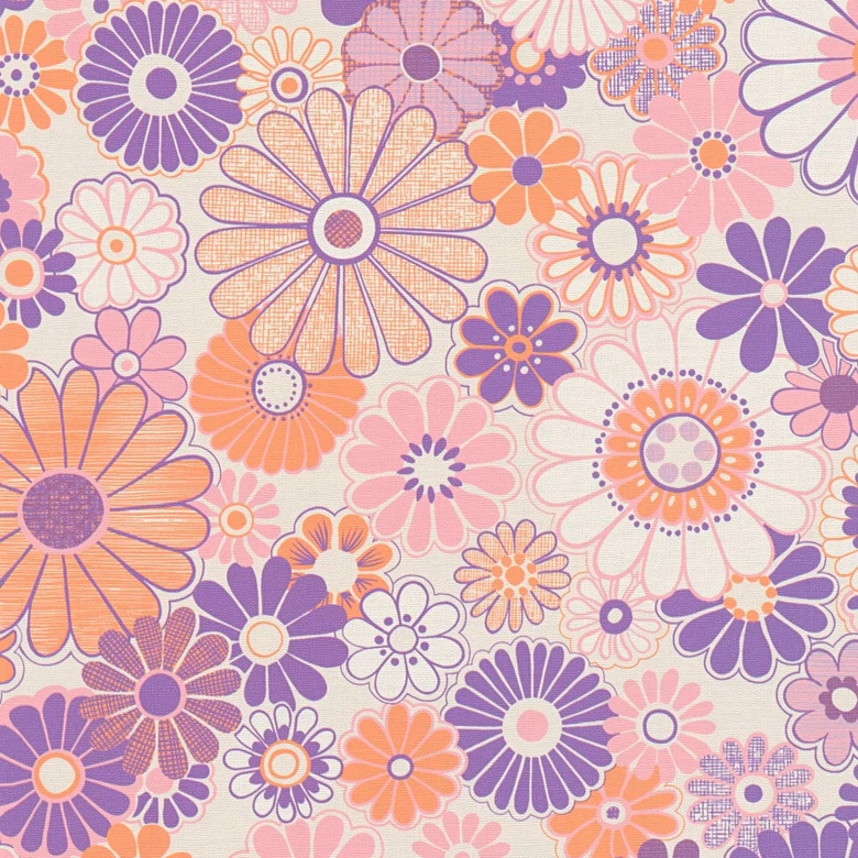 Papier peint fleuri lilas orange - papier peint floral style rétro - papier peint intissé vintage 