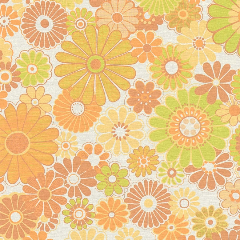 Papier peint intissé avec fleurs jaune vert - papier peint floral style rétro - papier peint à motifs vintage 