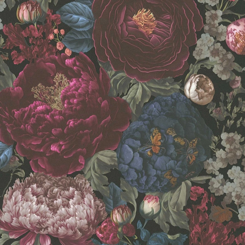 Papier peint floral avec pivoines noir bordeaux - papier peint à fleurs 