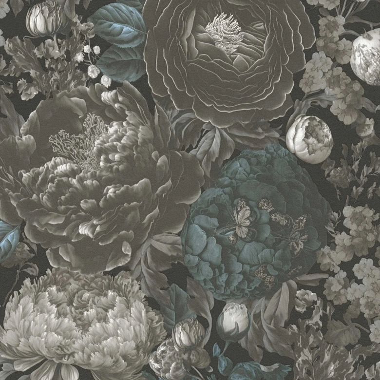 Blommig tapet med pioner svartgrå petrol - Icke-vävd tapet vintage look 