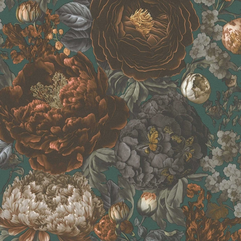 Floral wallpaper with peonies petrol brown - non-woven wallpaper vintage style 