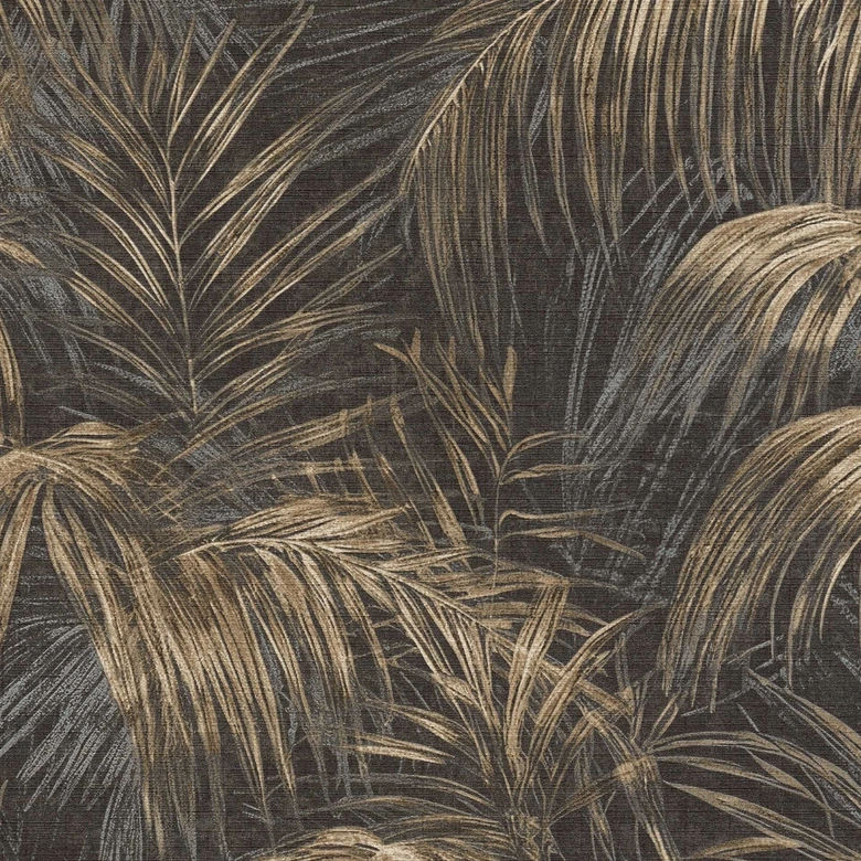 Black and gold palm tree wallpaper - non-woven wallpaper with a tropical sample and elegant sheen 