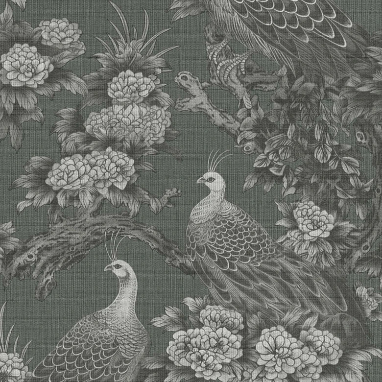 Bird wallpaper gray black - non-woven wallpaper with exotic peacocks and floral motif 