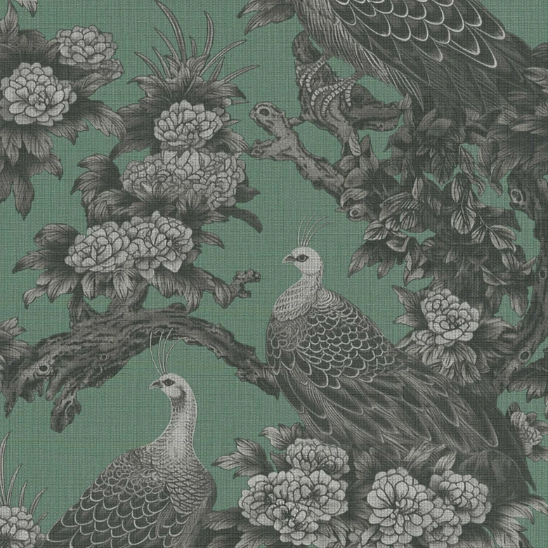 Bird wallpaper green black - non-woven wallpaper with exotic peacocks and floral samples 