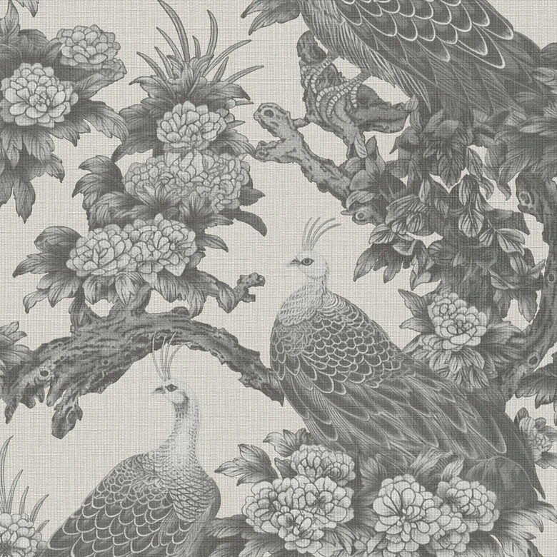 Fugletapet creme grå - Ikke-vævet tapet med påfugle og blomstermønstre i et vintage-look 