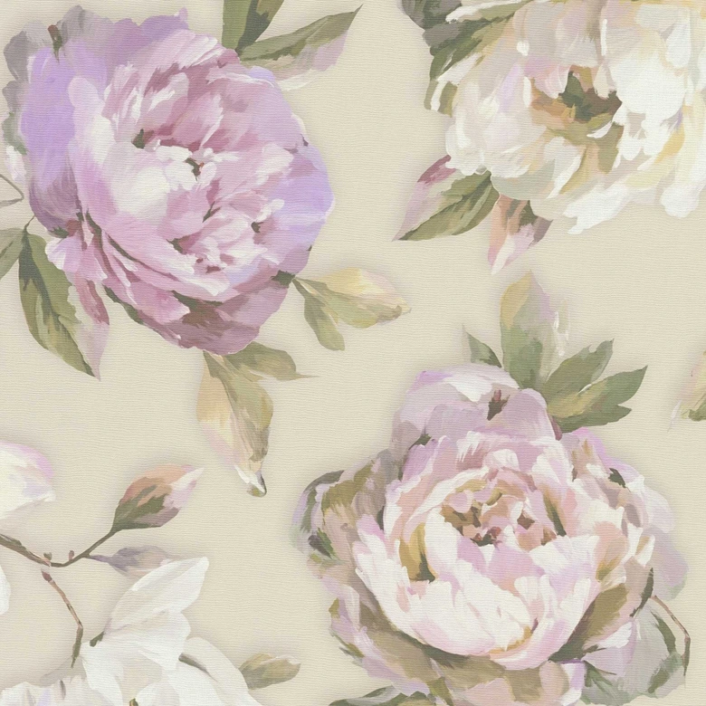 Florale Tapete mit Pfingstrosen Beige Rosa – Romantische Blumentapete – Vliestapete 