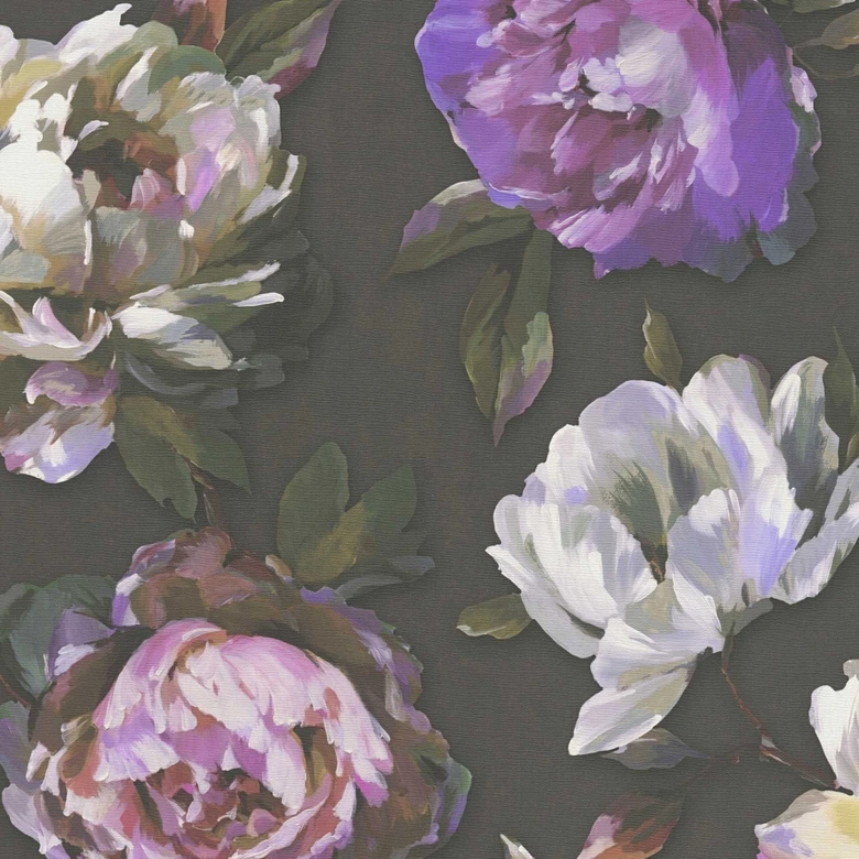 Florale Tapete mit Pfingstrosen Schwarz Lila – Elegante Blumentapete – Vliestapete 
