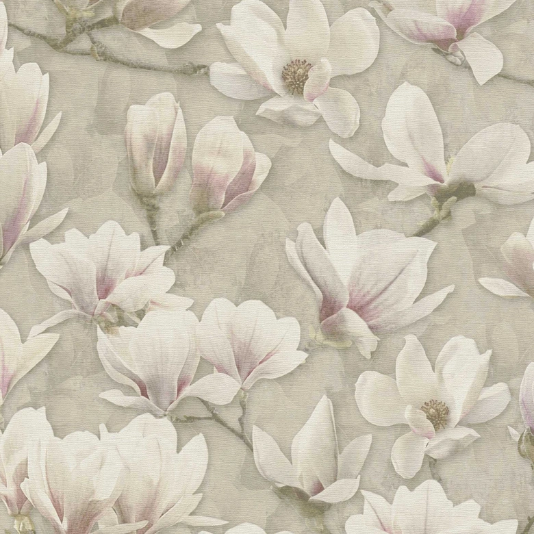 Magnolia tapet beige rosa - blommönster tapet med blommor - Icke-vävd tapet 