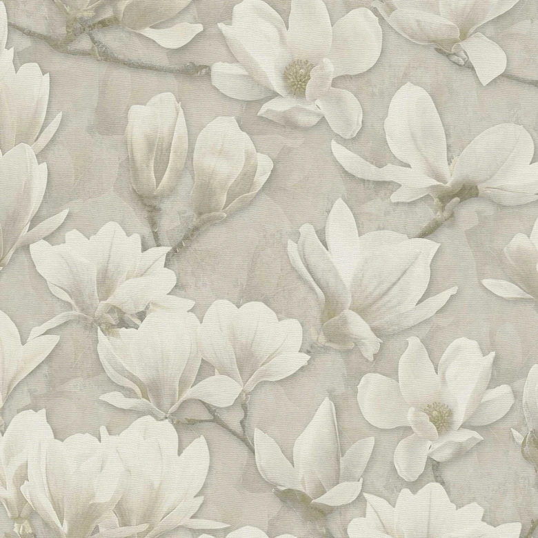 Papel pintado Magnolia beige crema - Papel pintado no tejido con motivo floral - Papel pintado floral 