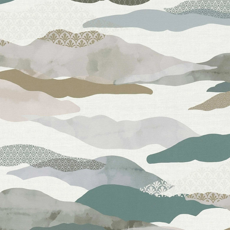 Abstrakte Tapete Berge Aquarell - Vliestapete in Grün Beige Grau - Mustertapete 