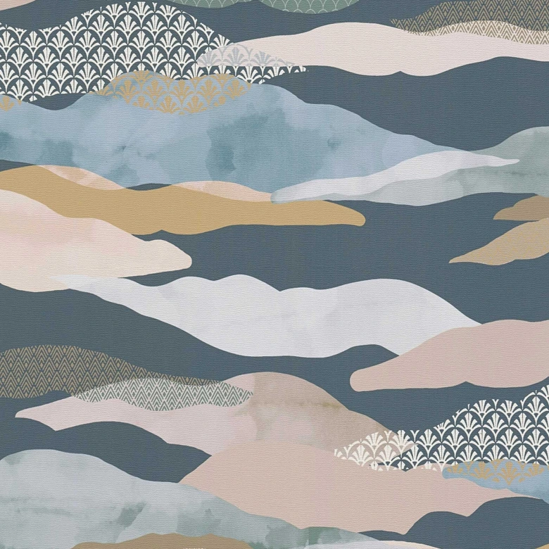Abstrakte Tapete Berge Aquarell - Vliestapete in Blau Beige Rosa - Mustertapete 
